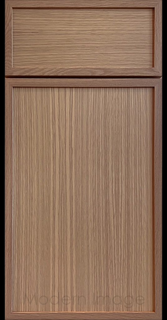 Close-up of a Honey Stain Arcadia shaker-style cabinet door, featuring slim stile & rail surrounding a flat center panel